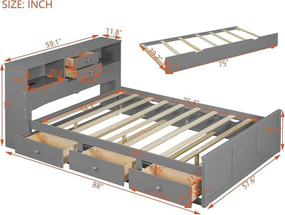 Full Size Wood Pltaform Trundle and 3 Drawers/Upper Shelves,Multifunctional Storage Bed Frame,W/a Set of USB Ports & Sockets,for Apartment,Bedroom,Living Room,Gray - LeafyLoom