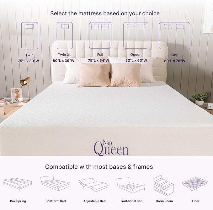 NapQueen Queen Mattress, 12 Inch Elizabeth Cooling Gel Memory Foam Mattress, Queen Bed Mattress in a Box, CertiPUR-US Certified, Medium Firm, Breathable Soft Fabric Cover - LeafyLoom