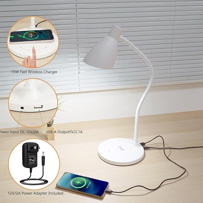 LED Desk Lamp with 15W Wireless Charger & USB Charging Port, 5 Colors, 6 Brightness Dimmable Reading Lamp Eye Care Touch Control Metal Table Lamp Flexible Gooseneck Desk Light for Home Office - LeafyLoom