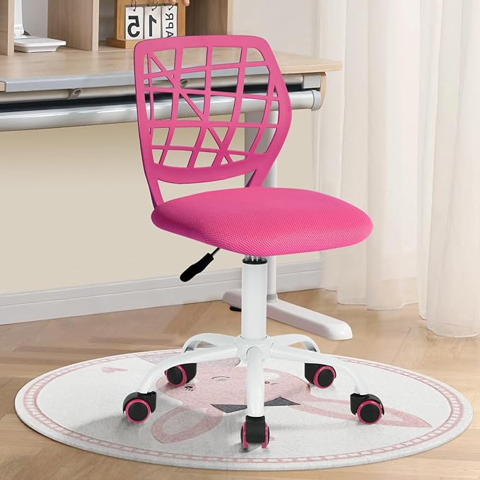 FurnitureR Kids Desk Chair, Armless Small Office Chair Adjsutable Swivel Task Chair with Soft Cushion for Study Kids Teens Child, Pink - LeafyLoom