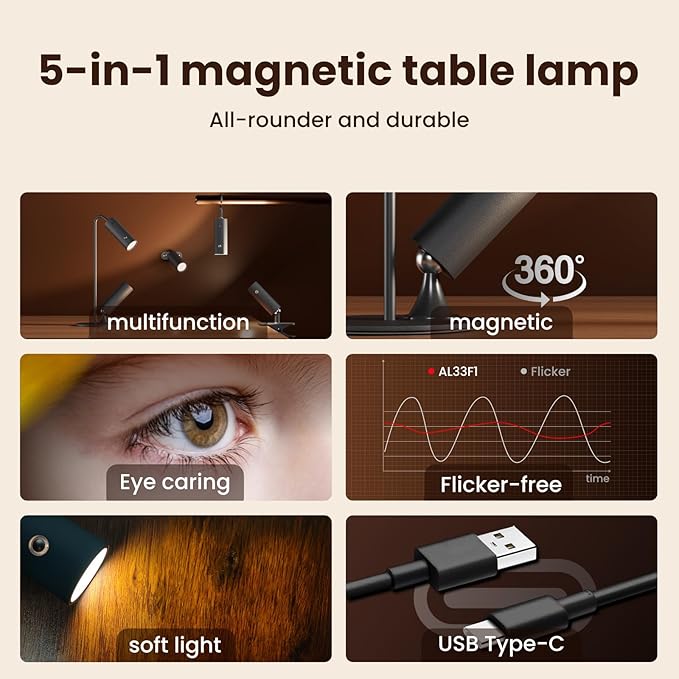 SIEPUNK Cordless Desk Lamp for Home Office, 4 in 1 Multifunctional Rechargeable Touch 3 Colour Table Lamp for Dorm Essentials, Portable Magnetic Bedside Night Desk Light, Ideal for Gifts, Black - LeafyLoom