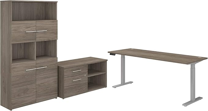 Bush Business Furniture Office 500 72W Height Adjustable Standing Desk with Storage and Bookcase in Modern Hickory - LeafyLoom