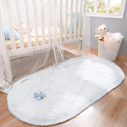 Merelax Soft Shaggy Rug for Kids Bedroom, Oval 2.6'x5.3' Cream Plush Fluffy Carpets for Living Room, Furry Carpet for Teen Girls Room, Anti-skid Fuzzy Comfy Rug for Nursery Decor Cute Baby Play Mat - LeafyLoom