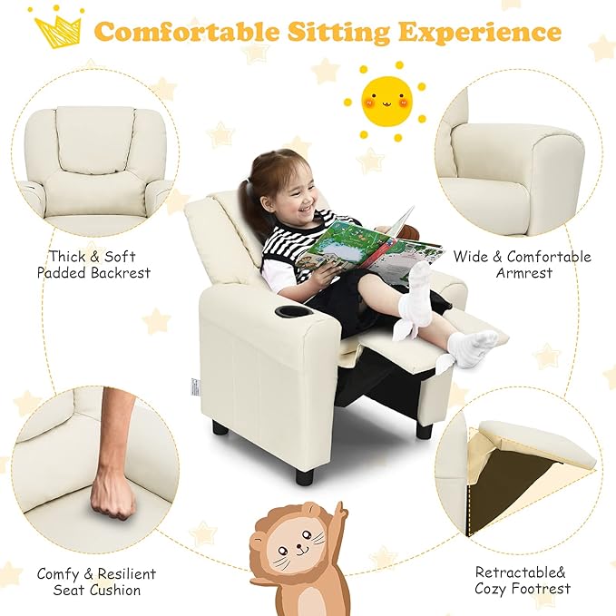 ARLIME Kids Recliner chair, toddler Armchair Upholstered Couch with Cup Holder, Backrest, baby Leather sofa with Headrest and Footrest, Child Furniture for Ages 2-7 (Beige) - LeafyLoom