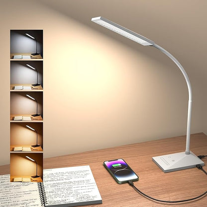 LED Desk Lamp Eye-Caring Table Lamps with USB Charging Port,7 Brightness Levels & 5 Color Modes,Touch Control and Memory Function, Flexible Gooseneck Reading Lamp for Home Office, White - LeafyLoom