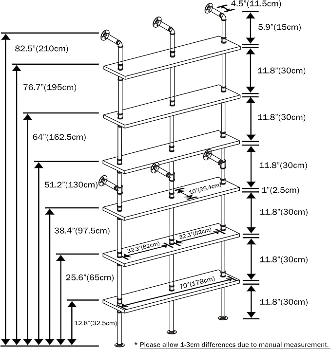 Industrial Ladder Shelf Bookcase, Wall Mounted Rustic Bookshelf, Retro Wood Metal Pipe Industrial Shelves for Living Room(Weathered Brown, 6 Tier - 10" D x 70" W x 82.5" H) - LeafyLoom