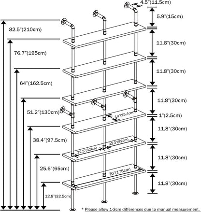 Industrial Ladder Shelf Bookcase, Wall Mounted Rustic Bookshelf, Retro Wood Metal Pipe Industrial Shelves for Living Room(Weathered Brown, 6 Tier - 10" D x 70" W x 82.5" H) - LeafyLoom