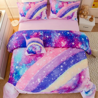 6 Pcs Tie Dye Pink Twin Comforter Set for Girls, 3D Rainbow Galaxy Gradient Themed Bed in A Bag, Pastle Nebula Kids Bedding Set with Sheets, Comforter and Pillowcases for All Season - LeafyLoom