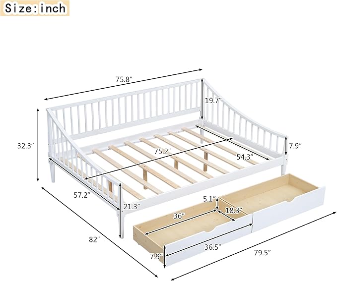 Full Size Daybed with Two Drawers,Solid Wood Storage Bed Frame W/Wooden Slat Support,Guide Rail Design on Three Sides,Easy to Assemble,for Bedroom Living Room,White - LeafyLoom