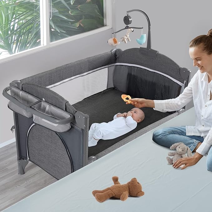 5 in 1 Baby Crib,Baby Bassinet, Bedside Cribs, Pack and Play with Bassinet and Changing Table, Portable Travel Baby Playpen with Bassinet Toys & Music Box,Mattress for Girl Boy Infant Newborn (Grey) - LeafyLoom