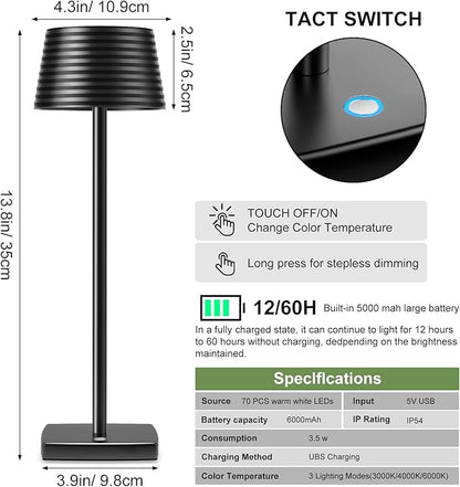 Rechargeable Cordless Table Lamp, Battery 5000mAh Metal Aluminum Housing USB LED Portable Powered Desk Lamp, 3 Levels Brightness Night Light for Restaurants Bars Outdoor (black-2pack) - LeafyLoom