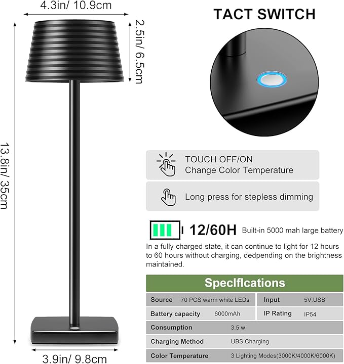 Rechargeable Cordless Table Lamp, Battery 5000mAh Metal Aluminum Housing USB LED Portable Powered Desk Lamp, 3 Levels Brightness Night Light for Restaurants Bars Outdoor (black) - LeafyLoom