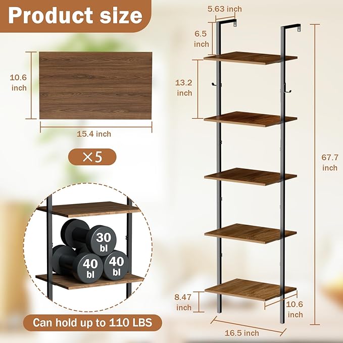 5 Tier Ladder Shelf with 2 Hooks, Modern Metal Wood Bookcase Shelf, Wall Mounted Bookshelf, Standing Display Storage Organizer for Home, Office, Kitchen, Living Room, Bedroom - LeafyLoom