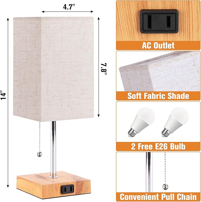 Bedside Table Lamp for Bedroom Nightstand, 3 Color Nightstand Lamps Set of 2 with AC Outlets, Square Pull Chain Bedside Lamp for Living Room, Office Desk, LED Bulb Included - LeafyLoom