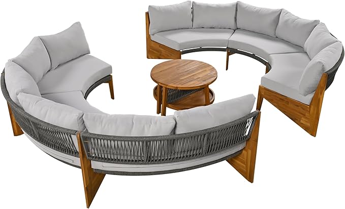 Merax Outdoor Sectional Patio Furniture Sets, Half Moon All Weather Wicker Seating Group, with Cushions and Round Coffee Table, Grey - LeafyLoom