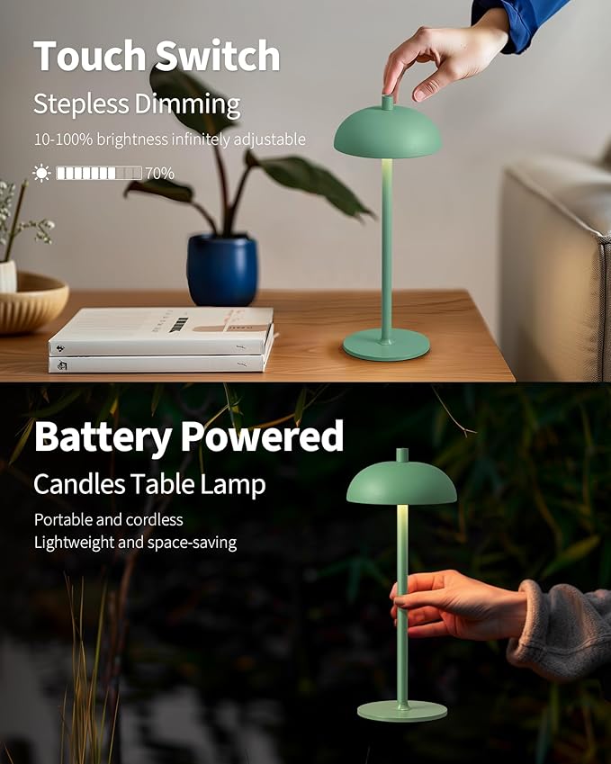 Cordless LED Table Lamp Set of 2, Modern Portable Desk Lamp, 3 Color Stepless Dimming Built-in Rechargeable Battery Lights, for Bedroom, Patio, Outdoor, Restaurant, Bedside Night Lamp(Green) - LeafyLoom