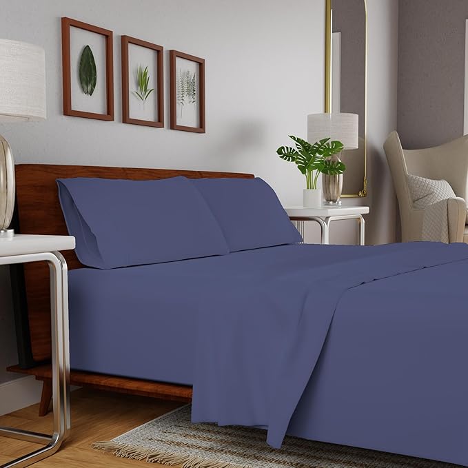 Purity Home Organic 100% Cotton King Size Sheets Set Indigo, Percale Weave King Bedding Set, Crisp, Cooling & Breathable Indigo Bed Sheets King Size, Fits Mattress Upto 16" Deep Pocket - LeafyLoom