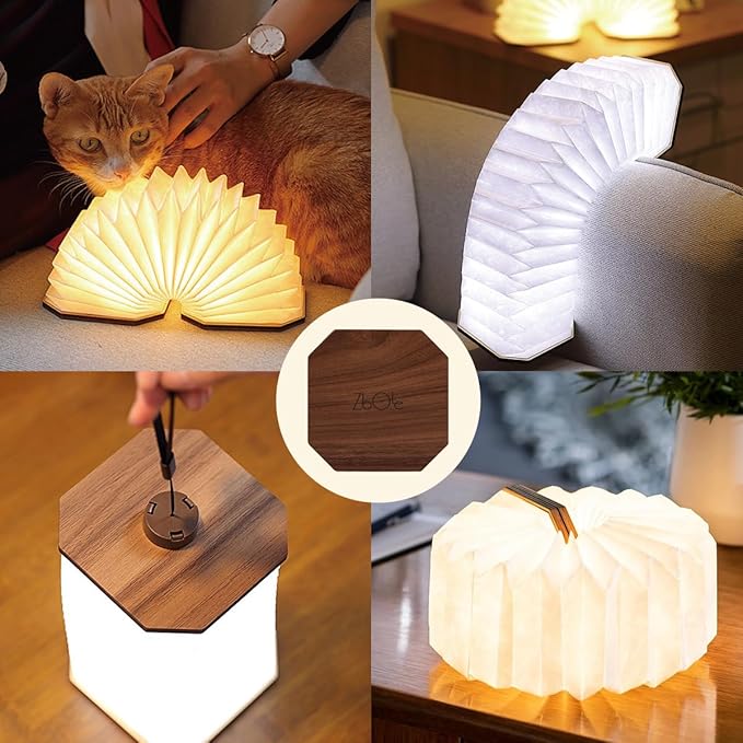 Originality Folding Accordion Lamp, Portable Wooden Desk Lamp, Ambient Lighting, Creative LED Paper Lantern with USB for (Walnut) - LeafyLoom