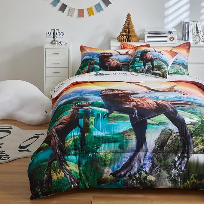 ADASMILE A & S Dinosaur Comforter Full Size for Boys Dinosaur Bedding Set for Kids 6 Pieces Dinosaur Comforter Set with Sheets Bed in A Bag T-Rex Dinosaur Comforter and Sheets Set for Home Decor - LeafyLoom