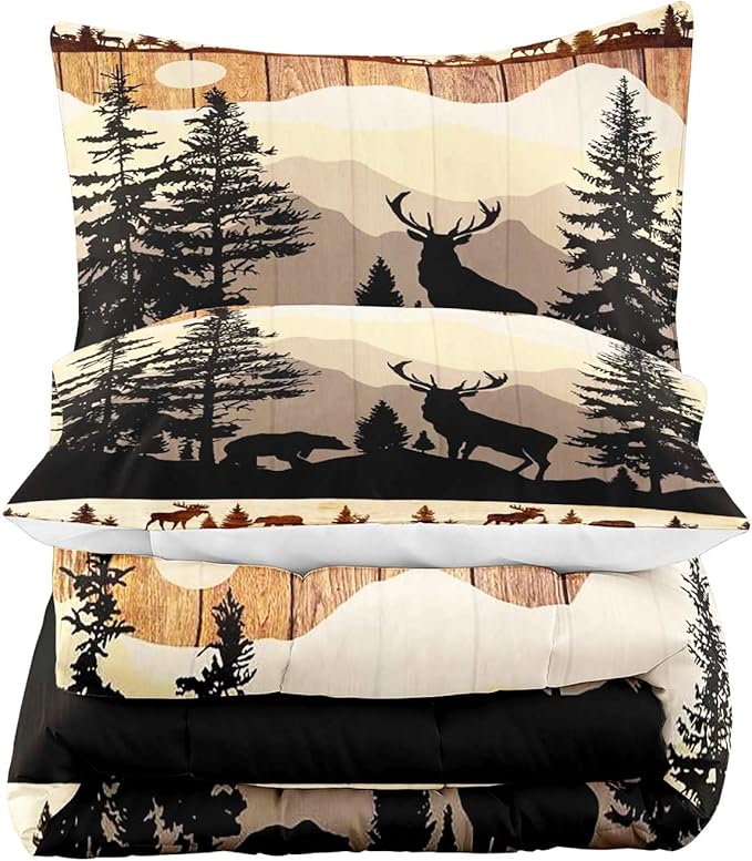 LUVIVIHOME 3PCS Black Bear Deer Comforter Set, Brown Comforter Set Queen, Pine Tree Woodland Forest Animal Elk Moose Wildlife Hunting Cabin Lodge Country Rustic Farmhouse Bedding Quilt, 2 Pillow Shams - LeafyLoom