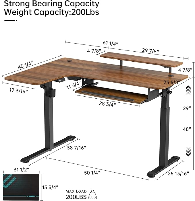 EUREKA ERGONOMIC Standing Desk Electric Adjustable Height (61"x43") Computer Desk with Keyboard Tray, Sit Stand Desk L Shaped Desk for Work/Home Office,Dual Motor,Memory Presets,2 USB/RGB,Walnut/Left - LeafyLoom