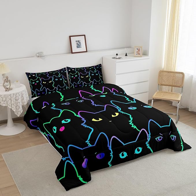 Erosebridal Cute Cat Kids Comforter Neon Rainbow Line Cat King Bedding Set for Boys Girls Teen Cartoon Kawaii Cats Toddler Bed Set Colorful Animals Quilt Set Reversible Black,2 Pillow Cases - LeafyLoom