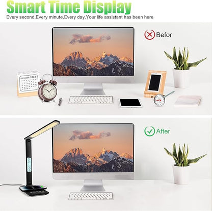 Desk Lamp with Wireless Charger, USB Charging Port, Dimmable Office Desk Light with Clock, Alarm, Date, Temperature, Foldable Lamp for Table Bedroom Bedside Office (Black Pro) - LeafyLoom