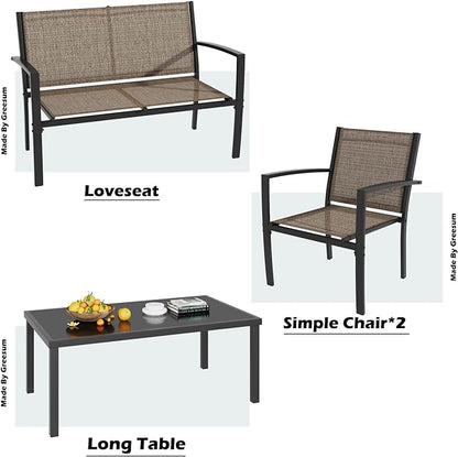 Greesum 4 Pieces Patio Furniture Set, Outdoor Conversation Sets for Patio, Lawn, Garden, Poolside with A Glass Coffee Table, Brown - LeafyLoom