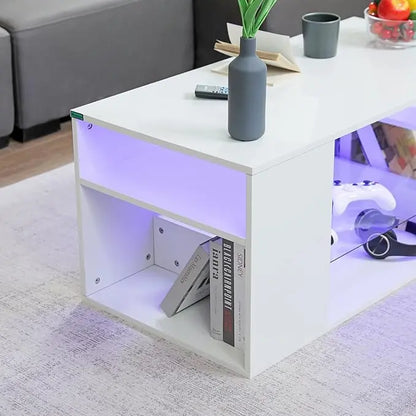 HOMMPA LED Coffee Tables for Living Room Modern White Coffee Table with 3 Shelves Open Glass Storage High Glossy Center Table Sofa Cocktail Table with 16 Colors LED Lights for Home Furniture White - LeafyLoom