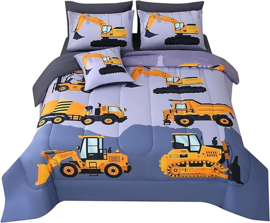 JQinHome Construction Full Bedding Sets for Boys Kids,8 Piece Bed in A Bag 3D Cartoon Car Excavator Tractor Comforter Set with Sheet Set,Trucks Cars - LeafyLoom