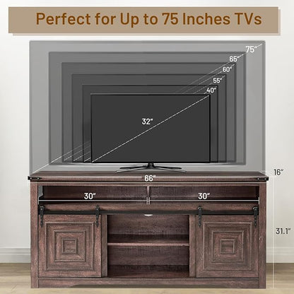 Zanzio 66" Farmhouse TV Stand for up to 75 inch TVs, Rustic Entertainment Center Media Console Table with Sliding Barn Doors Living Room Bedroom Wooden TV Cabinet (Rustic Brown) - LeafyLoom