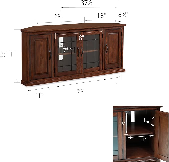 Leick Home Leaded Glass Corner Stand with Enclosed Storage for 60" TV's, Burnished Oak - LeafyLoom