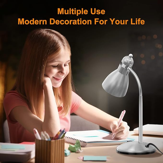 LEPOWER Metal Desk Lamp, Adjustable Goose Neck Table Lamp, Eye-Caring Study Desk Lamps for Bedroom, Study Room and Office (Silver) - LeafyLoom