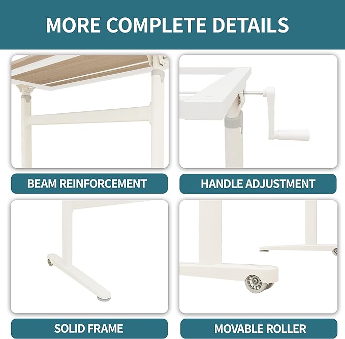 Manual Standing Desk Adjustable Height- Crank Mobile Standing Desk 55 x 24 Inches Sit Stand Desk Frame & Top, Stand Up Desk on Wheels, Computer Desk White Frame & Maple - LeafyLoom