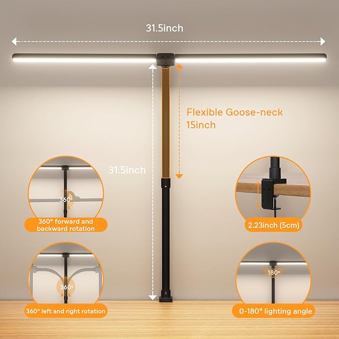 LED Desk Lamp for Home Office, Remote Control Computer Desk Light Bright Table Lamp for Study Dimmable Desk Lighting with Clamp Adjustable Gooseneck, Double Head, 24W, Black - LeafyLoom