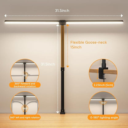 LED Desk Lamp for Home Office, Remote Control Computer Desk Light Bright Table Lamp for Study Dimmable Desk Lighting with Clamp Adjustable Gooseneck, Double Head, 24W, Black - LeafyLoom