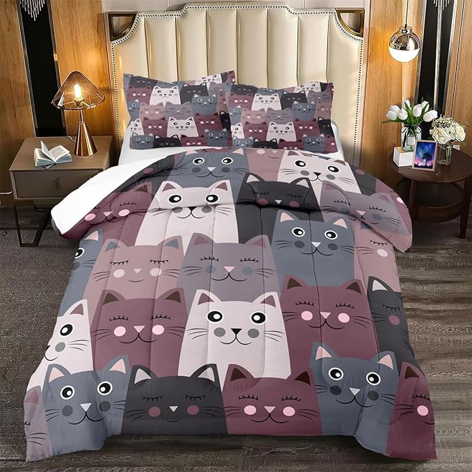 Cat Comforter Set Full Size - 3Pcs Grey Cat Bedding Set for Boys Girls Teens Cute Animals Themed Bedding Set Warm Ultra Soft Cartoon Cat Quilt Cover with 2 Pillowcases for Kids Room Decor - LeafyLoom