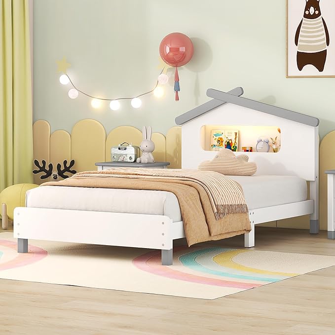 Bellemave Twin Size Platform Bed with House-Shaped Headboard and Motion Activated Night Lights,Wood Twin Kids Bed Frame for Teens, Girls,Boys(Twin,White) - LeafyLoom