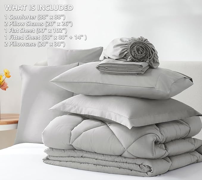 CozyLux Queen Bed in a Bag 7-Pieces Comforter Set with Sheets Light Grey All Season Bedding Sets with Comforter, Pillow Shams, Flat Sheet, Fitted Sheet and Pillowcases - LeafyLoom