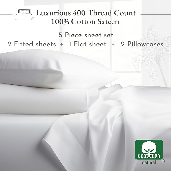 Split King Sheets for Adjustable Bed, Soft 100% Cotton Sheets, 400 Thread Count Sateen, 5 Pc Set - 2 Twin-XL Fitted Sheets, Deep Pocket Sheets, Cooling Sheets, Beats Egyptian Cotton Claim (Light Grey) - LeafyLoom