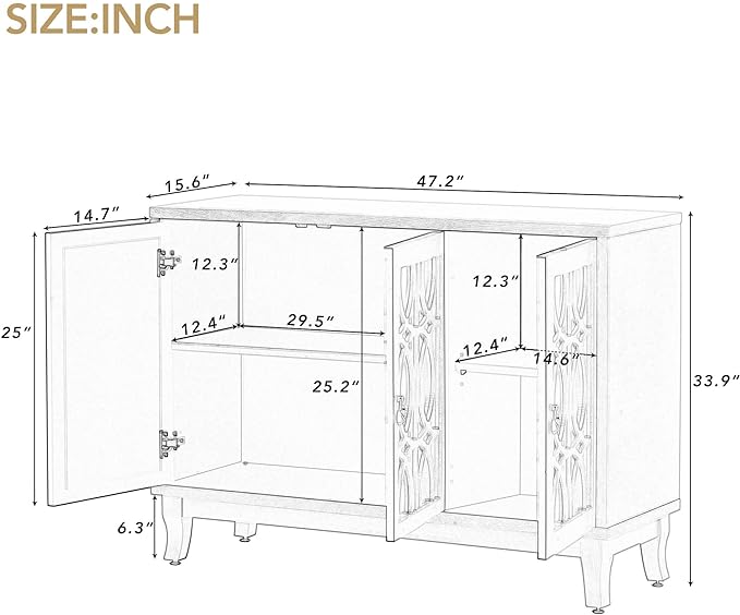 Multifunctional Sideboard with Glass, Vintage 3 Door Mirrored Buffet Cabinet,W/Silver Handle,Easy to Assemble,Console Table for Living Room Hallway Entryway,Black, 47.2" - LeafyLoom