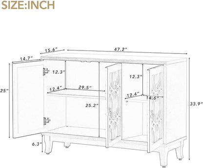 Multifunctional Sideboard with Glass, Vintage 3 Door Mirrored Buffet Cabinet,W/Silver Handle,Easy to Assemble,Console Table for Living Room Hallway Entryway,Natural Wood Wash, 47.2" - LeafyLoom