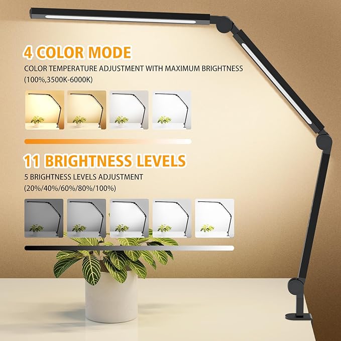 LED Desk Lamp with Clip, Multi-Angle Flexible 3-Segment 2-Light Source Office Desk Lamp, Clip-on Eye-Care 4 Color Temperature Modes&5 Brightness, Table Lamp for Home Office Studio Study Nail - LeafyLoom