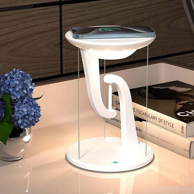 Night Light Wireless Charger Lamp,Ambient Light,LED Desk Lamp with Wireless Charger,Balance Magnetic Suspension Desk Light Creative Fun Bedside Lamp,Anti-Gravity Bedroom Table Lamp 3-Level Brightness - LeafyLoom