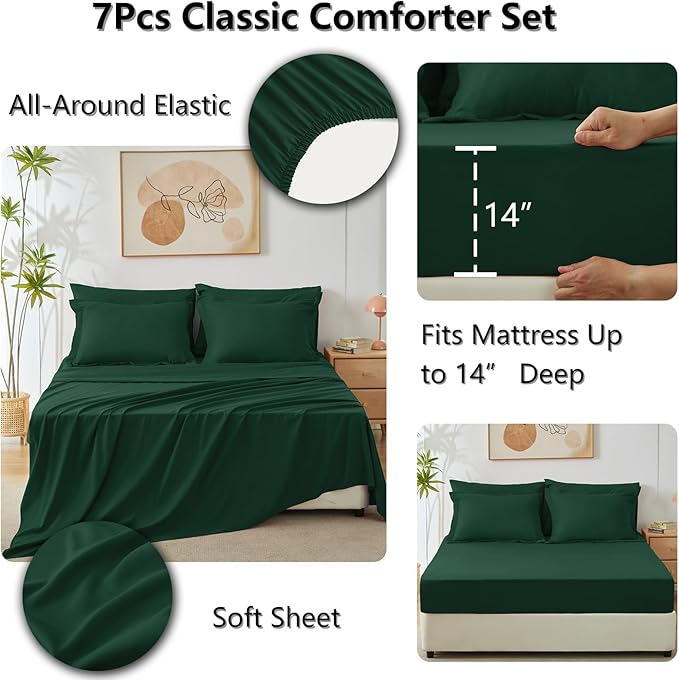 CozyLux Full Comforter Set with Sheets 7 Pieces Bed in a Bag Emerald Green All Season Bedding Sets with Comforter, Pillow Shams, Flat Sheet, Fitted Sheet and Pillowcases - LeafyLoom