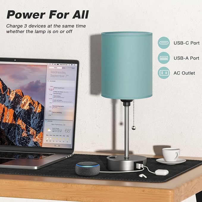 Dicoool Teal Bedside Lamp for Nightstand - 3 Color Temperature Table Lamp with USB C and A Ports, Pull Chain Lamp for Bedroom with AC Outlet, Desk Lamp with Silver Metal Base for Kids Girls - LeafyLoom