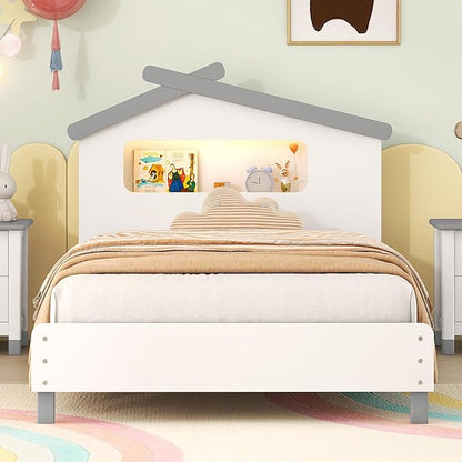 Bellemave Twin Size Platform Bed with House-Shaped Headboard and Motion Activated Night Lights,Wood Twin Kids Bed Frame for Teens, Girls,Boys(Twin,White) - LeafyLoom