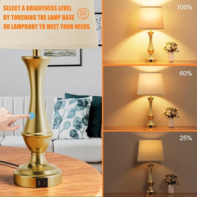 Touch Lamps for Bedrooms Set of 2 - Nightstand Table Lamp with USB C+A, 3 Way Dimmable Bedside Lamps for Living Room End Tables Set of 2, Farmhouse Night Stand Lamps(Brown&Gold) - LeafyLoom