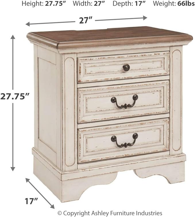 Signature Design by Ashley Realyn French Country 3 Drawer Nightstand with Electrical Outlets & USB Ports, Chipped White - LeafyLoom