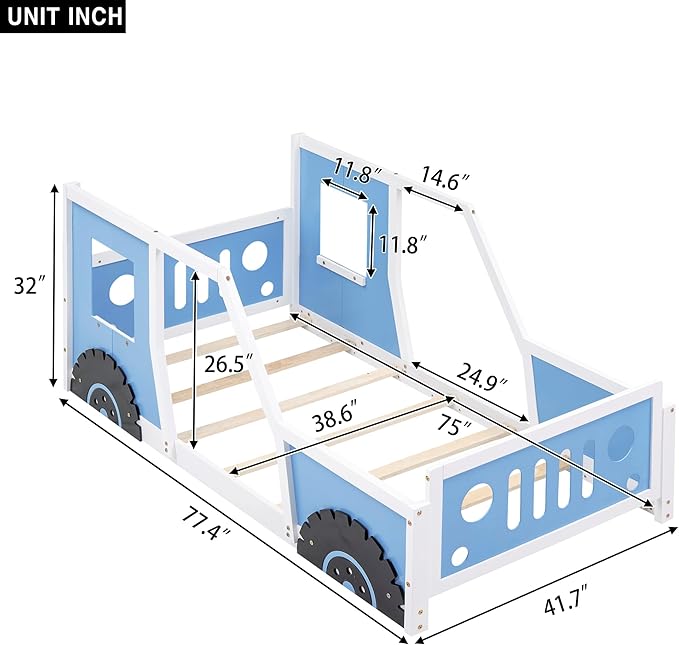 Twin Size Floor Bed for Kids, Race Car-Shaped Wooden Platform Montessori Bed Frame with Guardrail and Door for Boys Girls Child's Bedroom, Slats Included, No Spring Need (Blue) - LeafyLoom